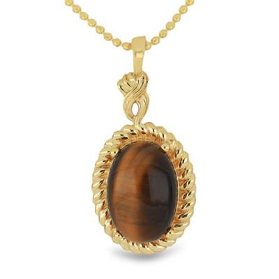 925 Sterling Silver Tiger Eye Pendant - Oval Shape, Gold Plated, Wholesale Jewelry